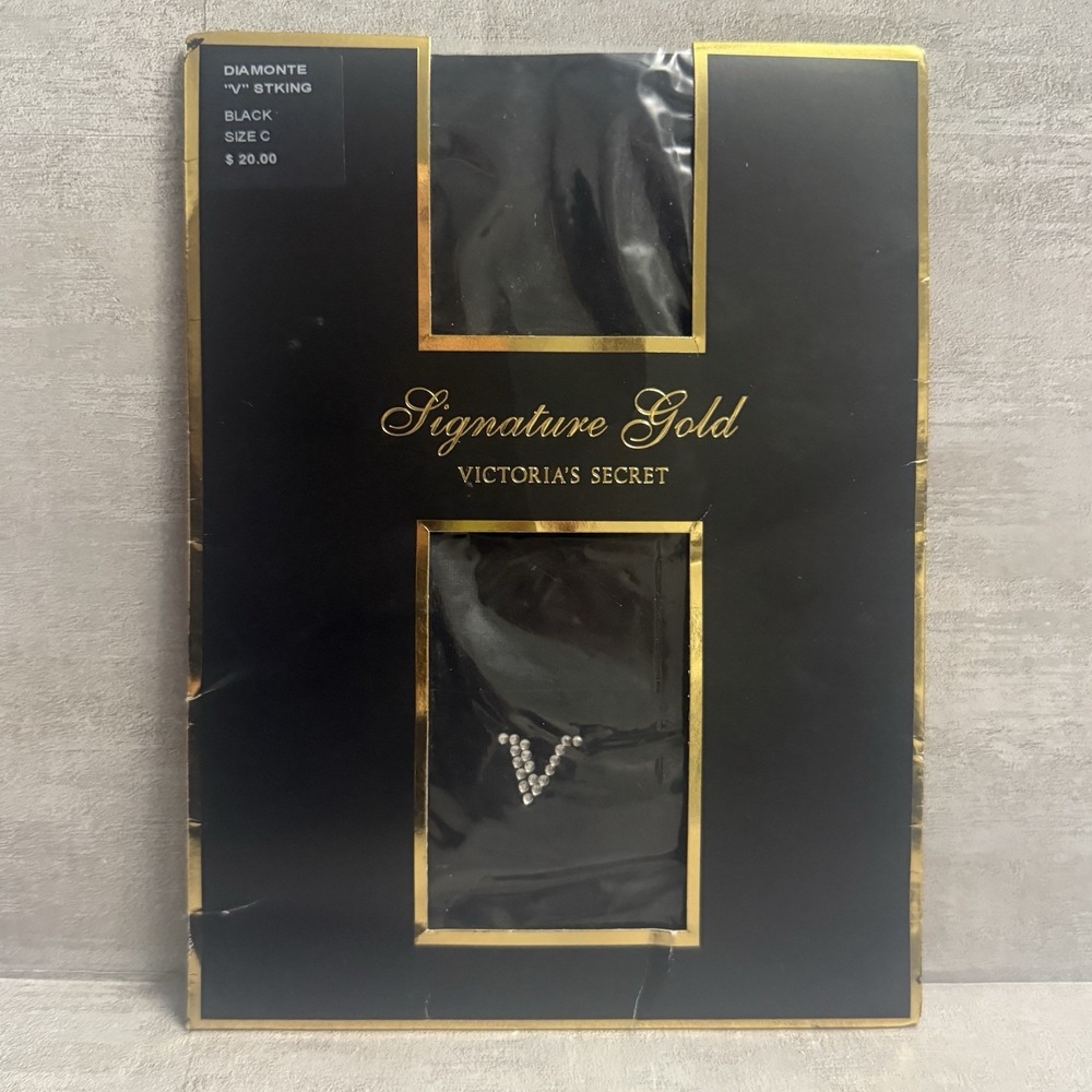 Victoria's Secret Signature GOLD "V" STKING‎ Panty RARE & Discontinued BLACK C